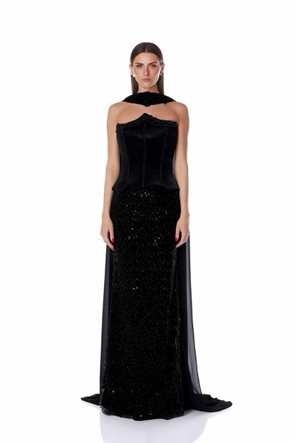 Schwarzes Satin Bustier Top Pailletten Meerjungfrau Abend Set